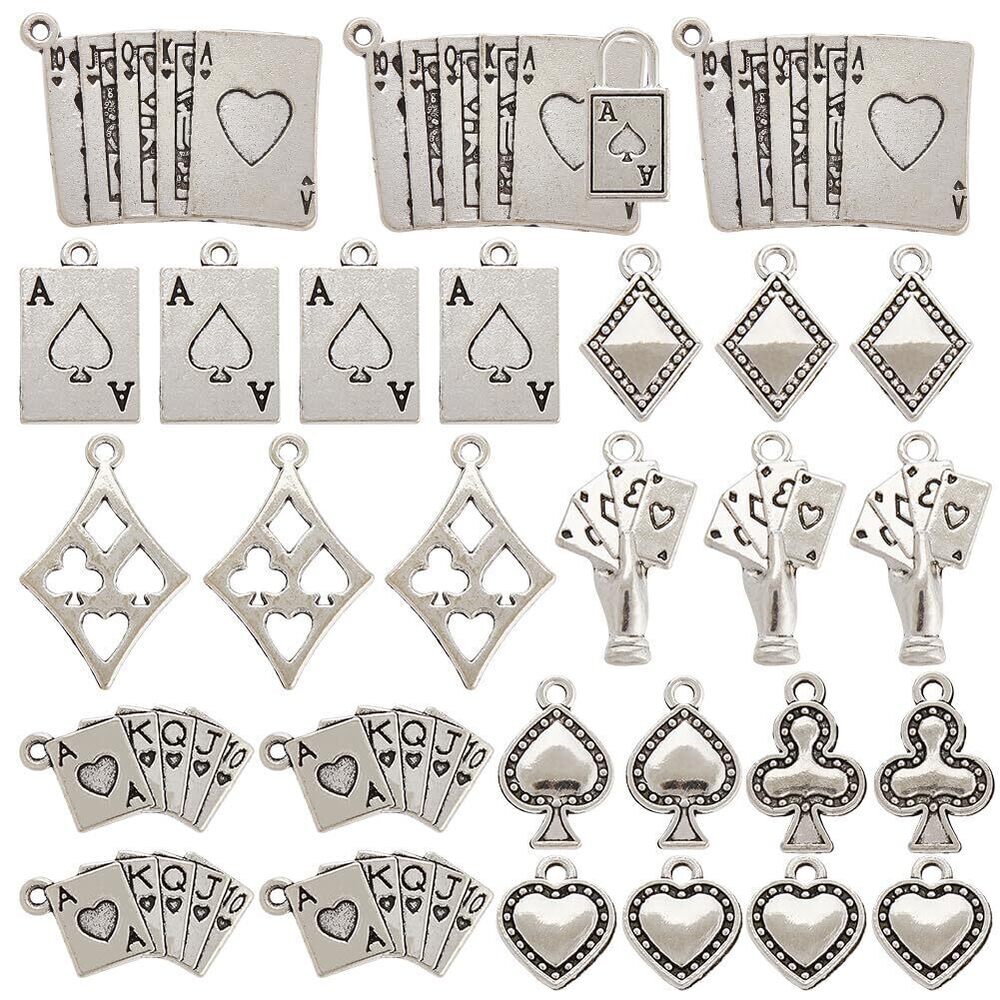6415 1 Box 80Pcs 10 Styles Silver Poker Charms Playing Cards Charms Tibetan